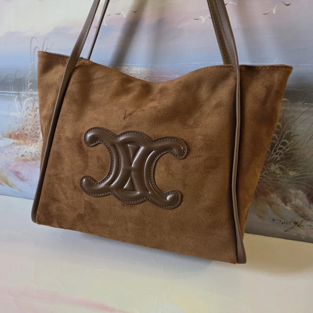 Brown Suede Tote Bag with Logo Accent - Picture 5 of 10